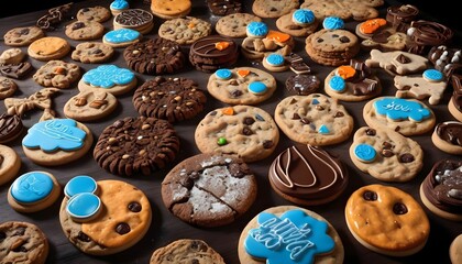 Obraz premium Variety of cookies on dark background, different tastes and color, mostly chocolate or chocolate chips