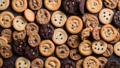 Variety of cookies on dark background, different tastes and color, mostly chocolate or chocolate chips - obrazy, fototapety, plakaty