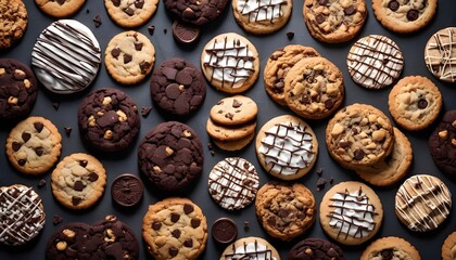 Variety of cookies on dark background, different tastes and color, mostly chocolate or chocolate chips - obrazy, fototapety, plakaty