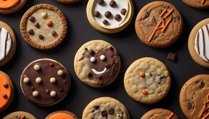 Fototapeta premium Variety of cookies on dark background, different tastes and color, mostly chocolate or chocolate chips