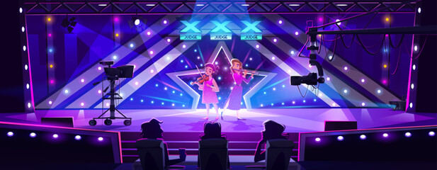 Girls performing on talent show stage. Vector cartoon illustration of female characters playing violin and flute on scene with neon illumination and star decoration, jury votes on top, live broadcast