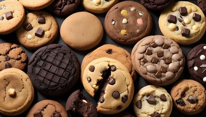 Obraz premium Variety of chocolate cookies on dark background, different tastes, shapes and colors