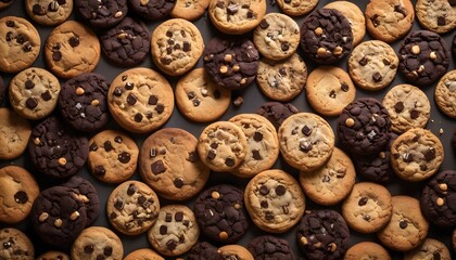 Obraz premium Variety of chocolate cookies on dark background, different tastes, shapes and colors