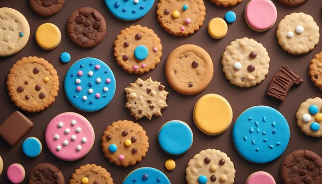 Variety of chocolate cookies on dark background, different tastes, shapes and colors