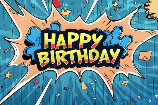 Happy birthday greeting card. Paper cut and craft styl, happy birthday pop art explosion background, comic book style speech bubble with the words happy birthday