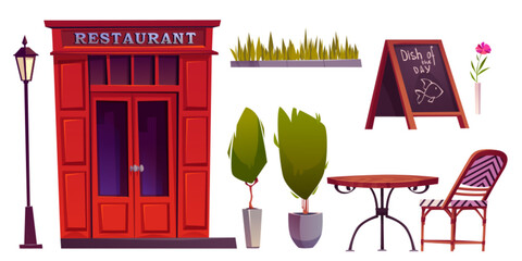 Plakaty  Cartoon restaurant exterior elements set. Cafe outside furniture - glass and wood red door, table and chair, chalkboard and streetlight lamp, decorative plants and flower for relax and eating on patio
