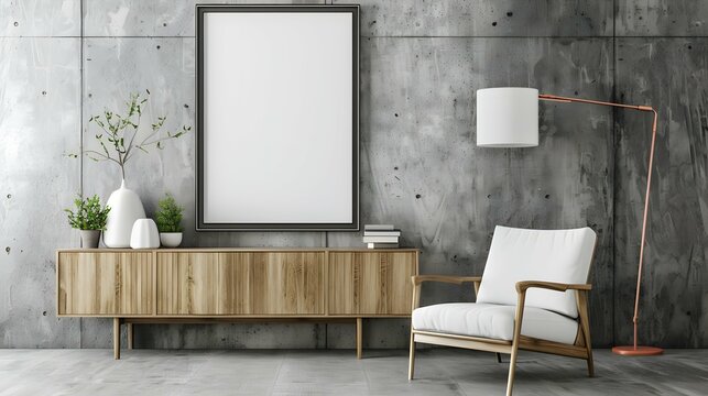 White armchair near wooden cabinet against concrete wall with blank poster frame. Scandinavian home interior design of modern living room