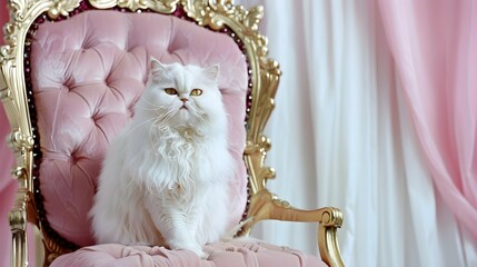 white persian cat sitting on a pastel pink and gold throne on a pink background, cats rule the world