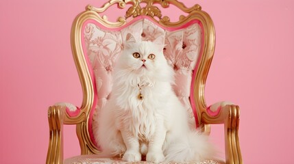 white persian cat sitting on a pastel pink and gold throne on a pink background, cats rule the world