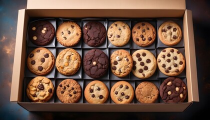Cookies variety of different tastes, shapes on colors in a brown box, close-up, aerial view