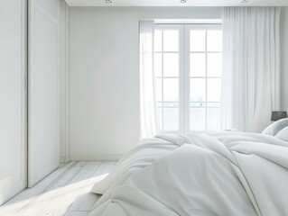 White wooden wardrobe with sliding doors in scandinavian style interior design of modern bedroom.