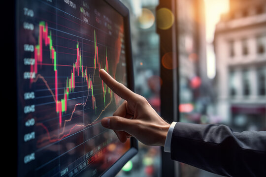 Hand of businessman point to the screen show financial market chart graphic.