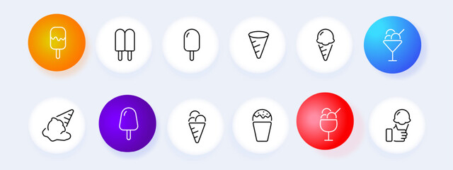 Sweetness icon set. Cold, ice cream, summer, glass, ice, children, refrigerator, cream, popsicle, cone, milk, dessert, chocolate. Neomorphism style. Vector line icon for business and advertising