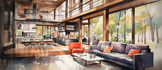 An art piece showcasing a living room with a couch and chairs, set against a backdrop of a buildings facade with a window. Wood accents and plants add warmth to the real estate scene