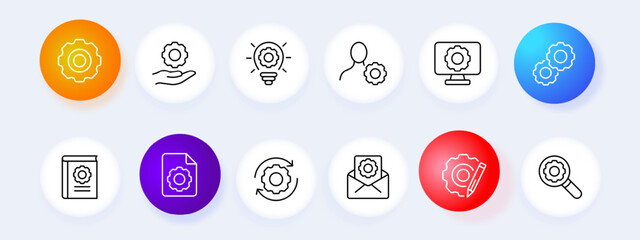 Gears icon set. Light bulb, mail, magnifying glass, search, book, file, monitor, contact. Neomorphism style. Vector line icon for business and advertising