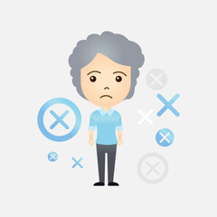 Cute old woman cartoon with x or wrong symbol on isolated background
