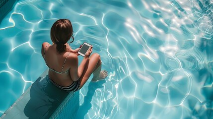 Woman sitting on edge of pool with smartphone