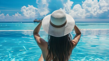 Woman with hat at beach pool in Maldives 