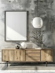 Wooden cabinet, dresser against concrete wall with empty blank mock up poster frame with copy space. Rustic home interior design of modern living room.