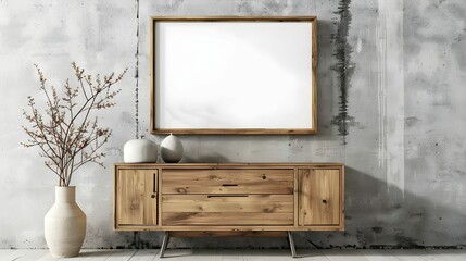 Wooden cabinet, dresser against concrete wall with empty blank mock up poster frame with copy space. Rustic home interior design of modern living room.