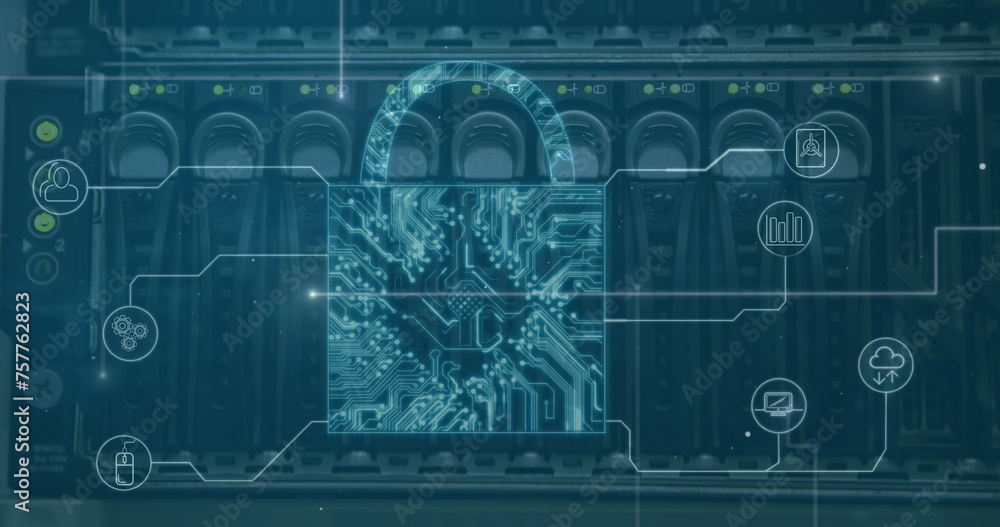 Poster security padlock icons and microprocessor connections against close up of computer server