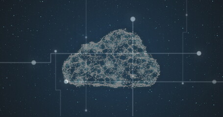 Cloud icon of network of connections against light trails against blue background