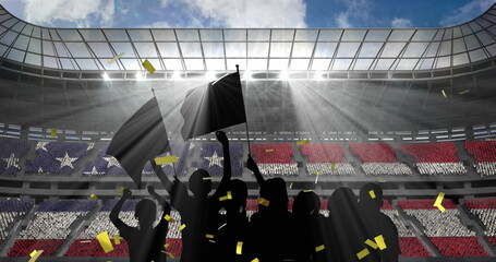 Golden confetti falling over silhouette of fans cheering and sports stadium