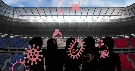 Covid-19 concept icons against silhouette of fans cheering against sports stadium