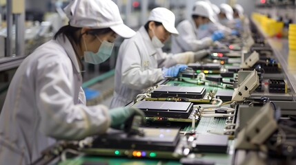 Workers assembling electronic components in a high-tech factory, highlighting the complexity of global supply chains in the tech industry - obrazy, fototapety, plakaty