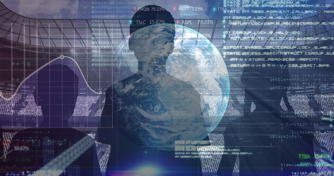 Stock market data processing over globe and silhouette of fans against sports stadium