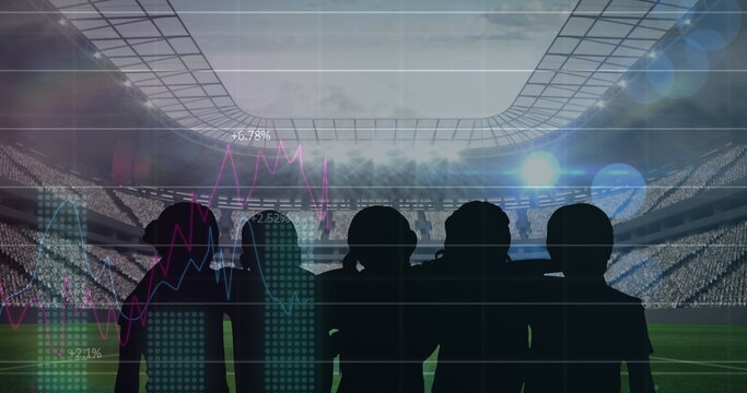 Statistical data processing against silhouette of fans cheering and sports stadium in background
