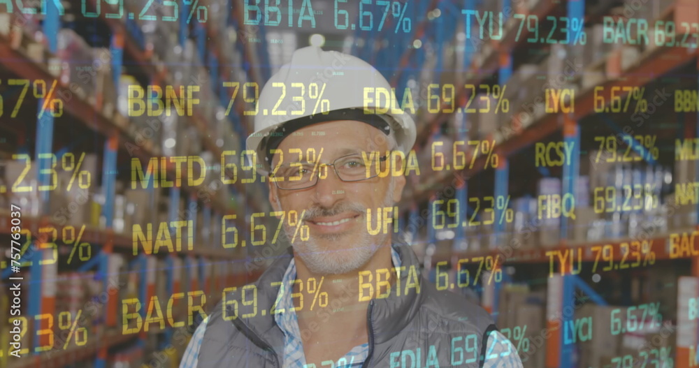 Poster image of data processing over smiling man working in warehouse