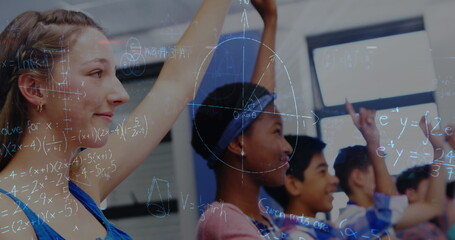 Image of mathematical equations over schoolchildren learning