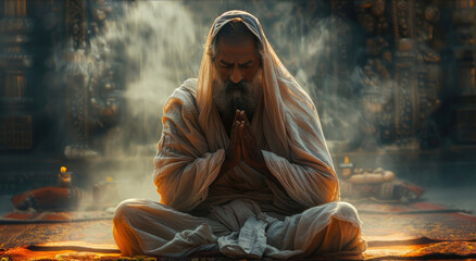 Indian sadhu monk meditating in temple. Religious prayer man. Person sit in lotus pose and pray. Zen yoga practice. Peaceful beauty. Spiritual asana. - obrazy, fototapety, plakaty