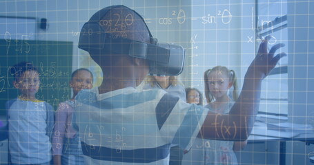 Image of mathematical equations over schoolchildren using vr headsets