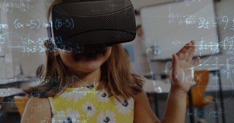 Image of mathematical equations over schoolchildren using vr headsets