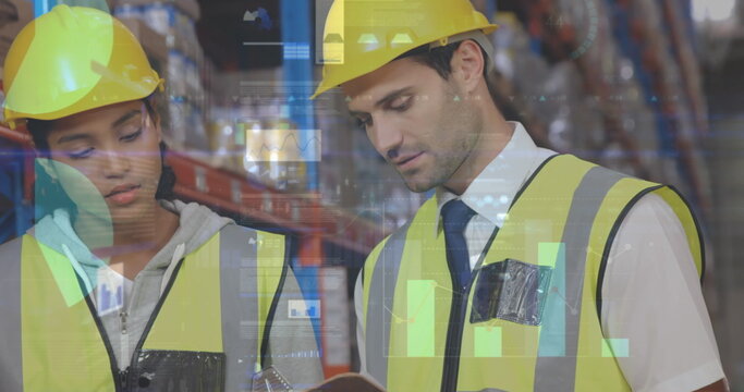 Statistical data processing against diverse male and female supervisor discussing at warehouse