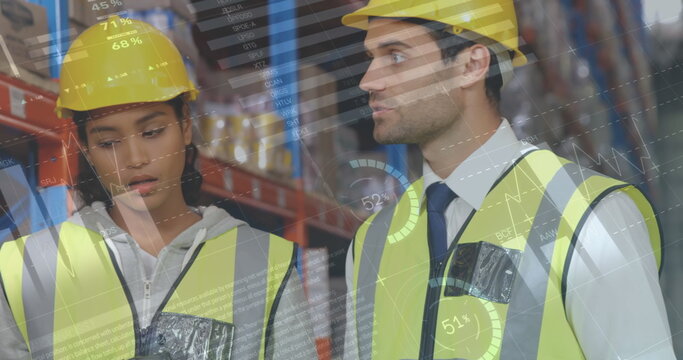 Statistical data processing against diverse male and female supervisor discussing at warehouse
