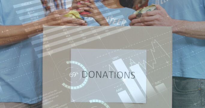 Image of statistics and data processing over smiling volunteers working in warehouse