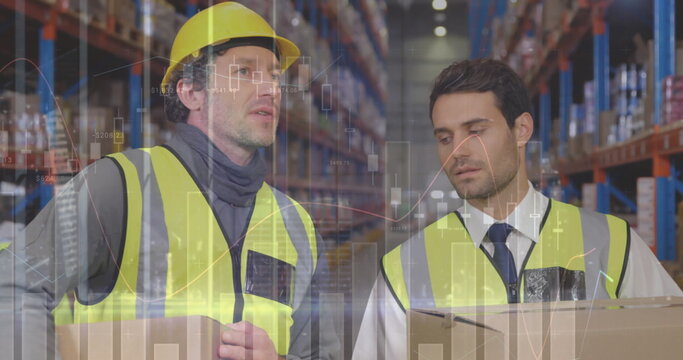 Statistical data processing against caucasian male supervisor and worker discussing at warehouse