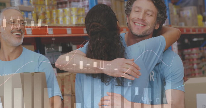 Statistical data processing over diverse male and female volunteers hugging each other at warehouse