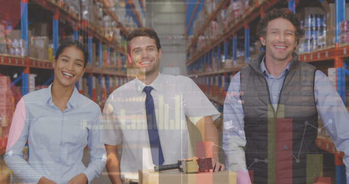 Statistical data processing against diverse male and female supervisors smiling at warehouse