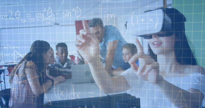 Image of mathematical equations over schoolchildren using vr headsets - Powered by Adobe
