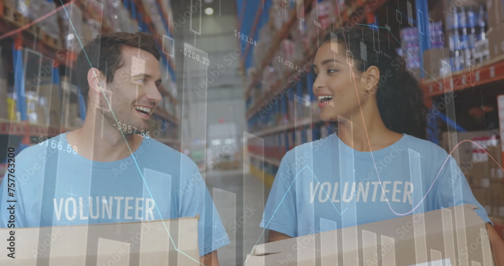 Aufkleber image of statistics and data processing over smiling volunteers working in warehouse