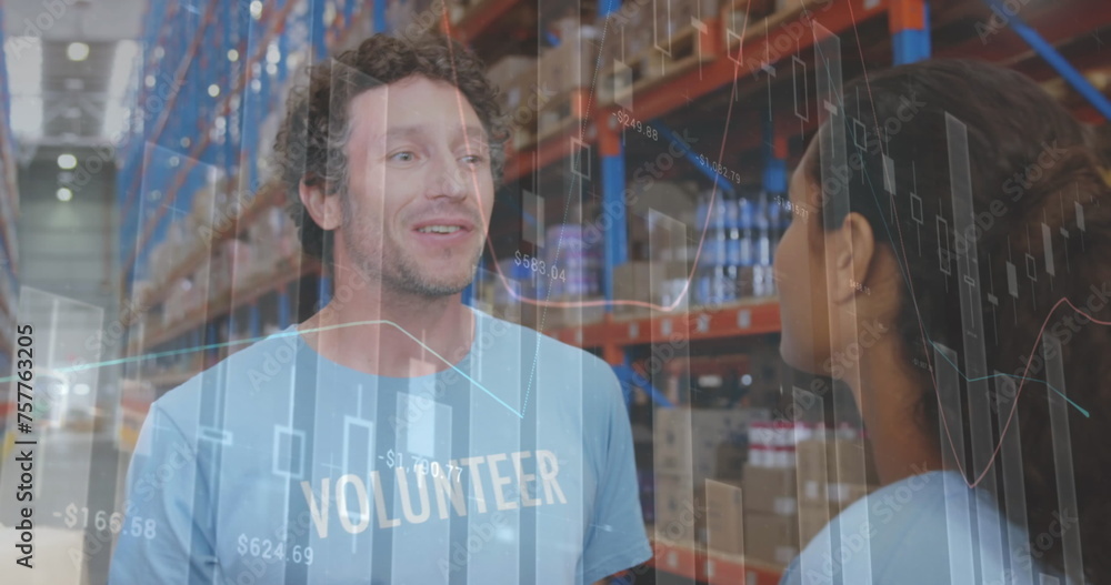 Poster image of statistics and data processing over smiling volunteers working in warehouse