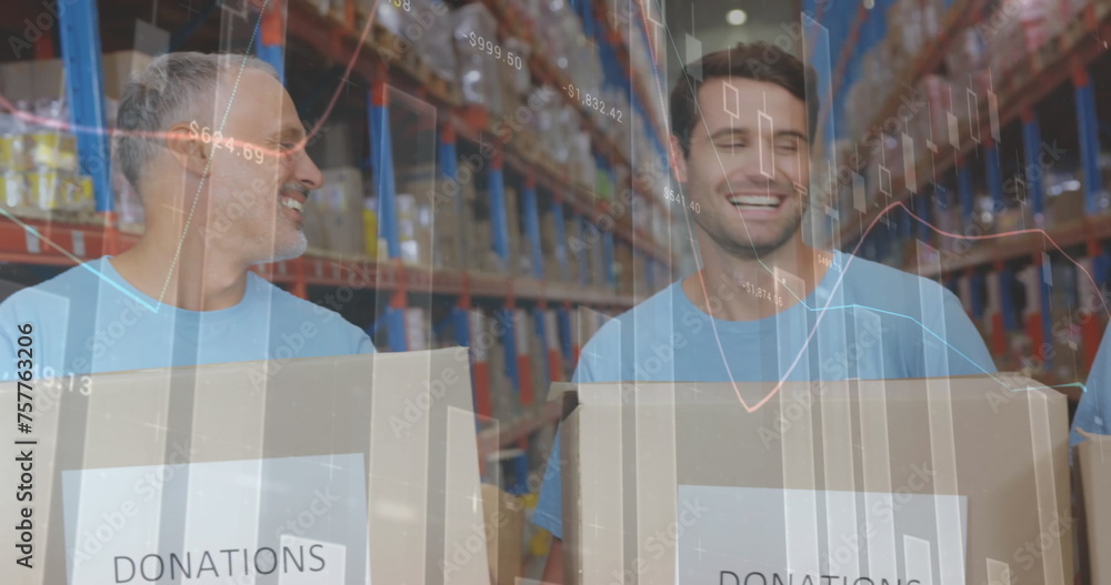 Poster image of statistics and data processing over smiling volunteers working in warehouse