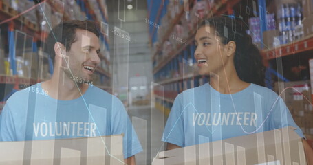 Image of statistics and data processing over smiling volunteers working in warehouse