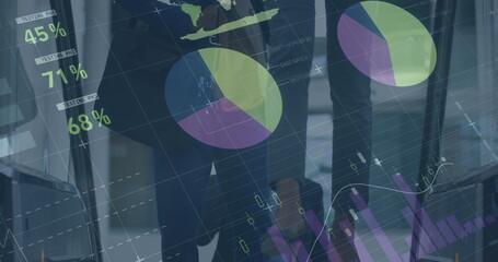 Image of financial data processing over business people using escalator in office