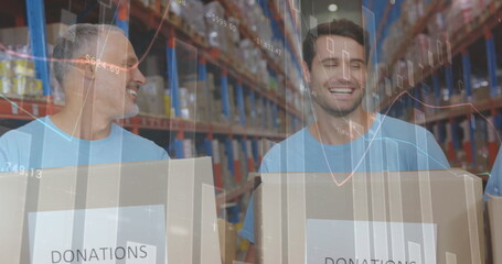 Image of statistics and data processing over smiling volunteers working in warehouse