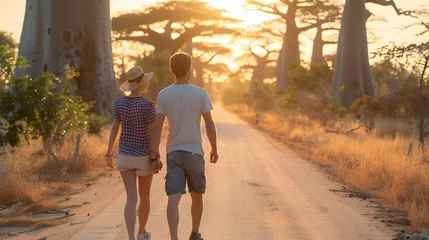 Fotobehang Young couple traveling and walking in Madagascar. Road with baobab alley in background. Man and woman view from behind. Sunset summer background © PSCL RDL
